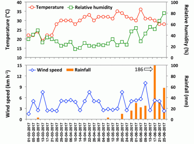 Fig. 2. The average variations of meteorological parameters during the collection of aerosol samples at the campaign site in eastern central India