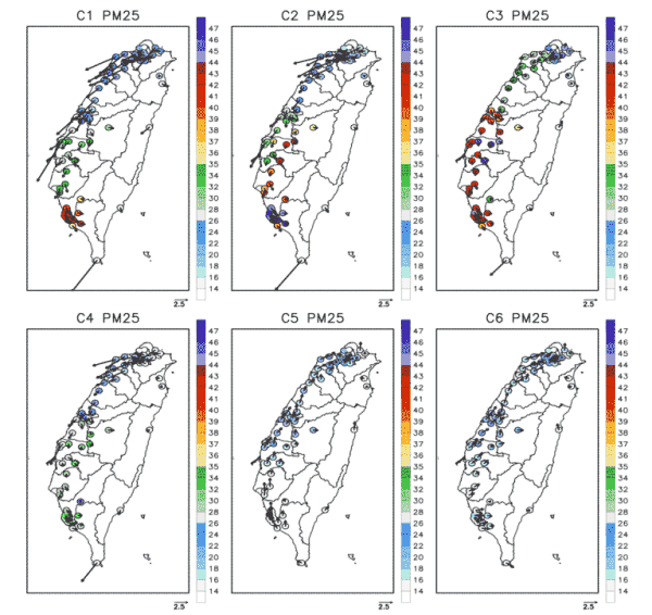 Fig. 9. Distributions of the daily mean PM2.5 concentrations (µg m–3) and wind vectors (m s–1) from EPA surface stations for the C1–C6 clusters.