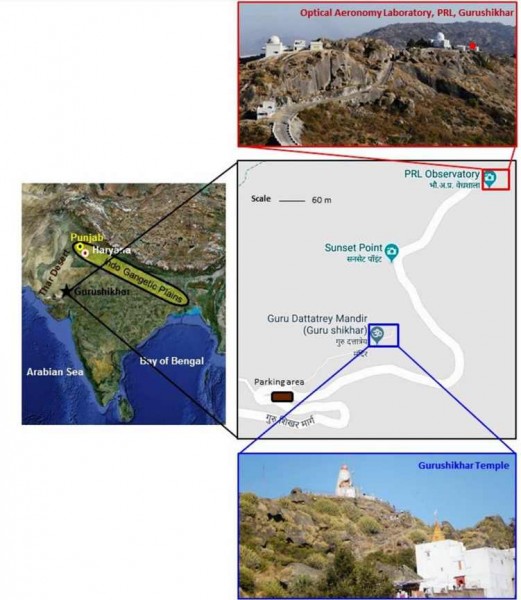 Fig. 1. The high altitude observational site in western India, Gurushikhar (1680 m), Mt. Abu; Indo-Gangetic Plain; Punjab and Haryana in India (Google Earth image). Google Maps image shows the spatial layout of Gurushikhar temple, measurement site (Optical Aeronomy Laboratory, Physical Research Laboratory (PRL), and the road pathway.
