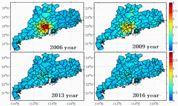 Fig. 4. The spatial distributions of SO2 in Guangdong province in 2006, 2009, 2013, and 2016, as obtained using the sub-pixel method.