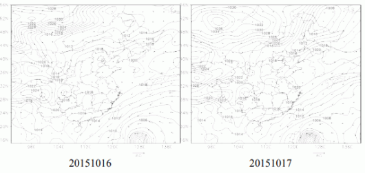 Fig. 8. Weather patterns at 500 hPa and at the surface for October 10 –17, 2015.