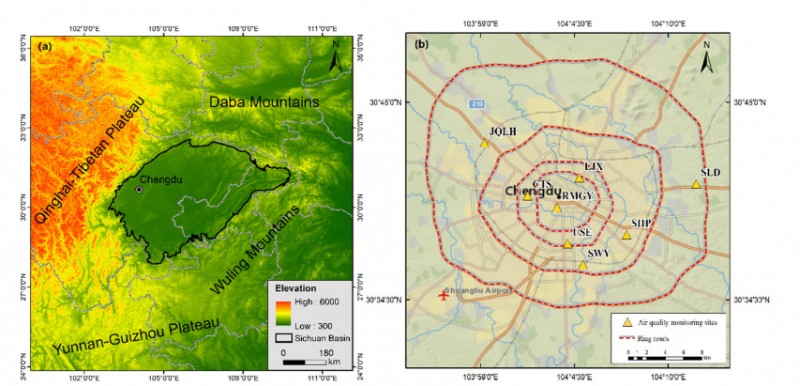 Fig. 1. (a) Topographic map of Sichuan Basin and the location of Chengdu, and (b) the air quality monitoring sites in Chengdu. Site names are given in SI Table S1.