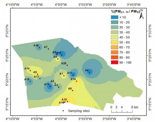 Fig. 8. Spatial variation of relative difference between PM10 and PM2.5 in percentage in Abidjan (Cote d'Ivoire), where black diamond represents each measurement site.