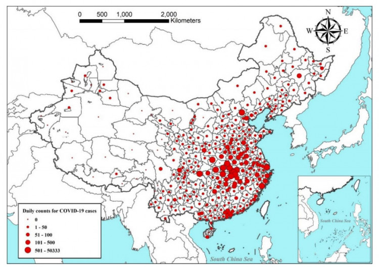 Fig. 1. The spatial distribution of COVID-19 confirmed cases in China (data until April 21, 2020).