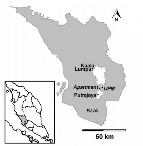 Fig. 1. Map of the study area with monitoring sites marked +.