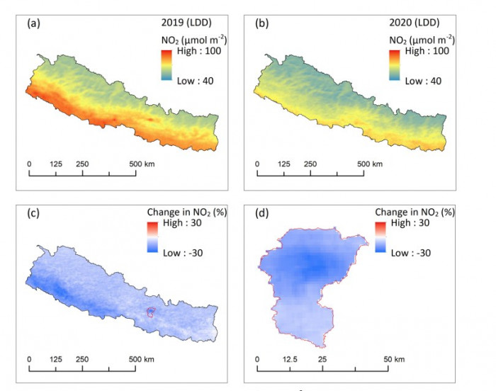 Fig. 3. Comparison of NO2 column number density (µmol m–2) during the LDD period between 2019 and 2020: (a) mean during 2019; (b) mean during 2020; (c) deviation (%) of mean NO2 in 2020 from that in 2019 over Nepal; (d) deviation (%) of mean NO2 in 2020 from that in 2019 over the Kathmandu Valley.